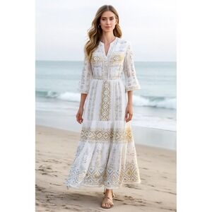 Hale Bob Lole Embroidered Maxi Gold/Silver Sz XS Boho Beach Resort Gorgeous